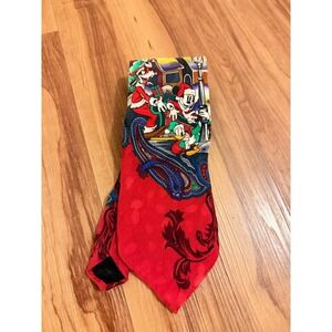 Disney Mickey Mouse Donald Duck Goofy Christmas Sleigh Silk Tie Red Paisley